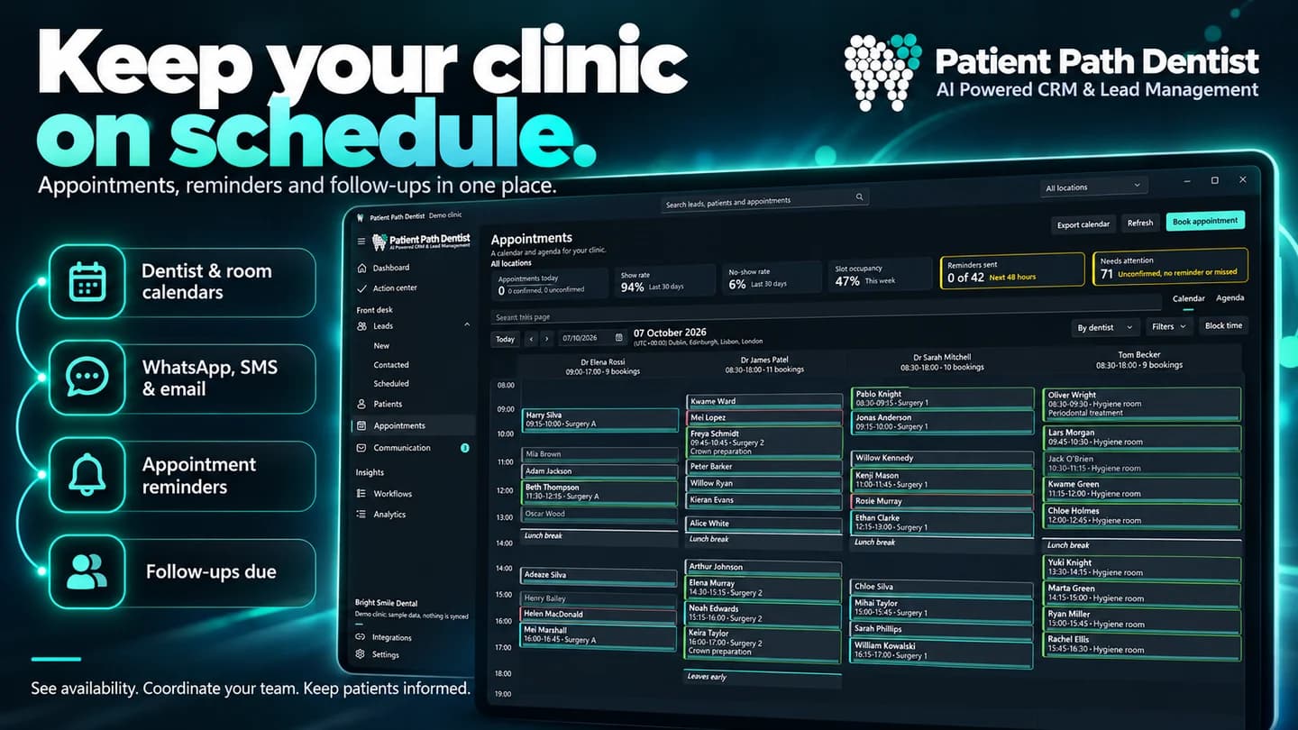 PatientPath launch artwork — dentist and room calendars, appointments and reminders