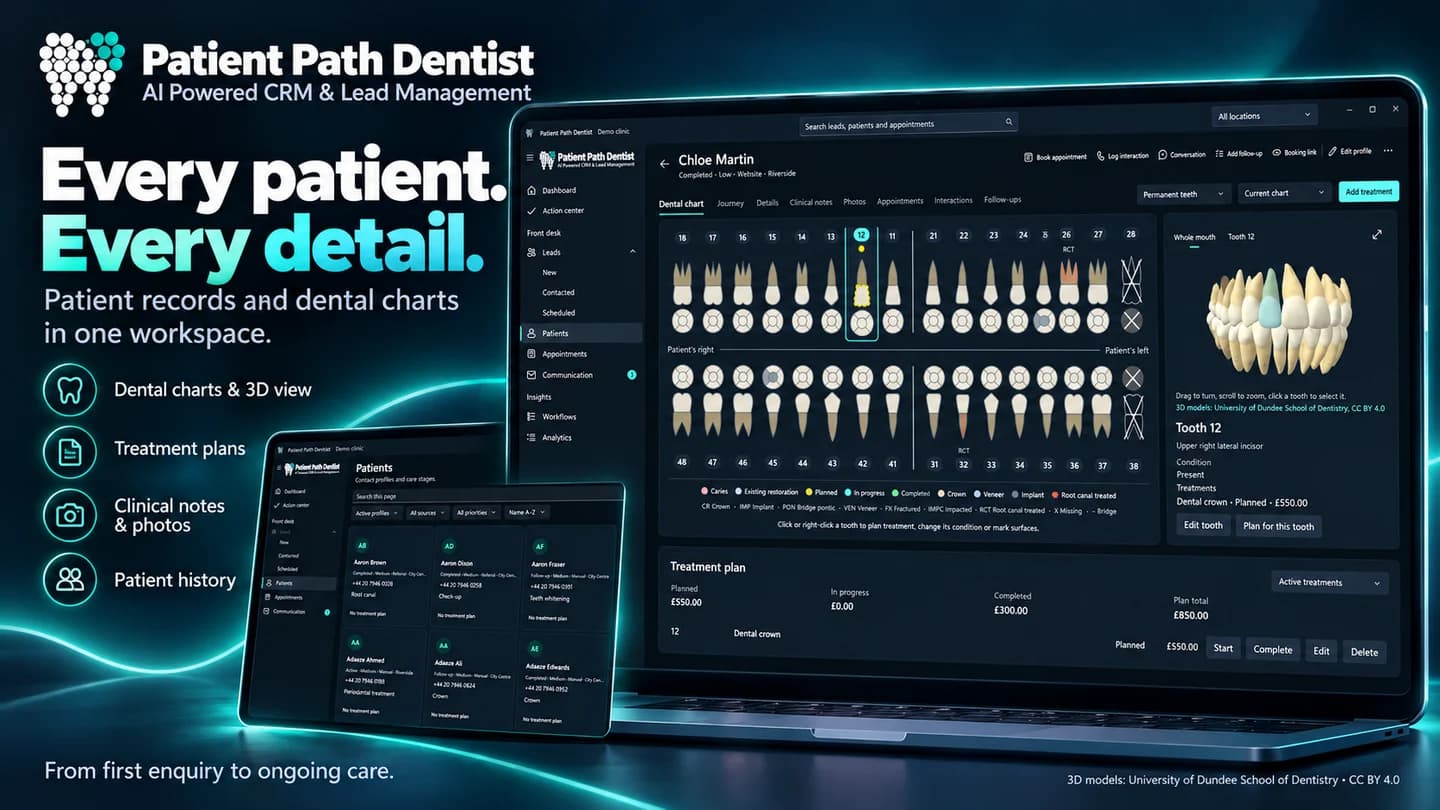 PatientPath launch artwork — patient records, dental charting and 3D tooth view