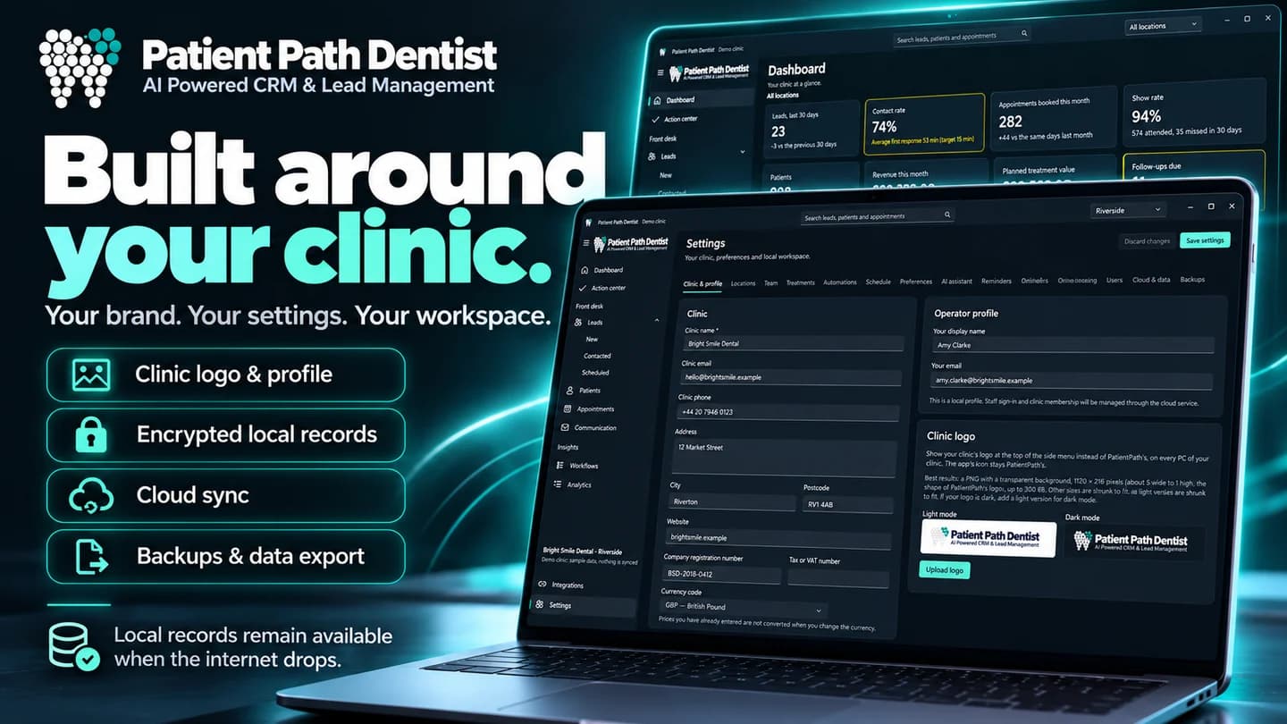 PatientPath launch artwork — clinic workspace, local records, sync and backups