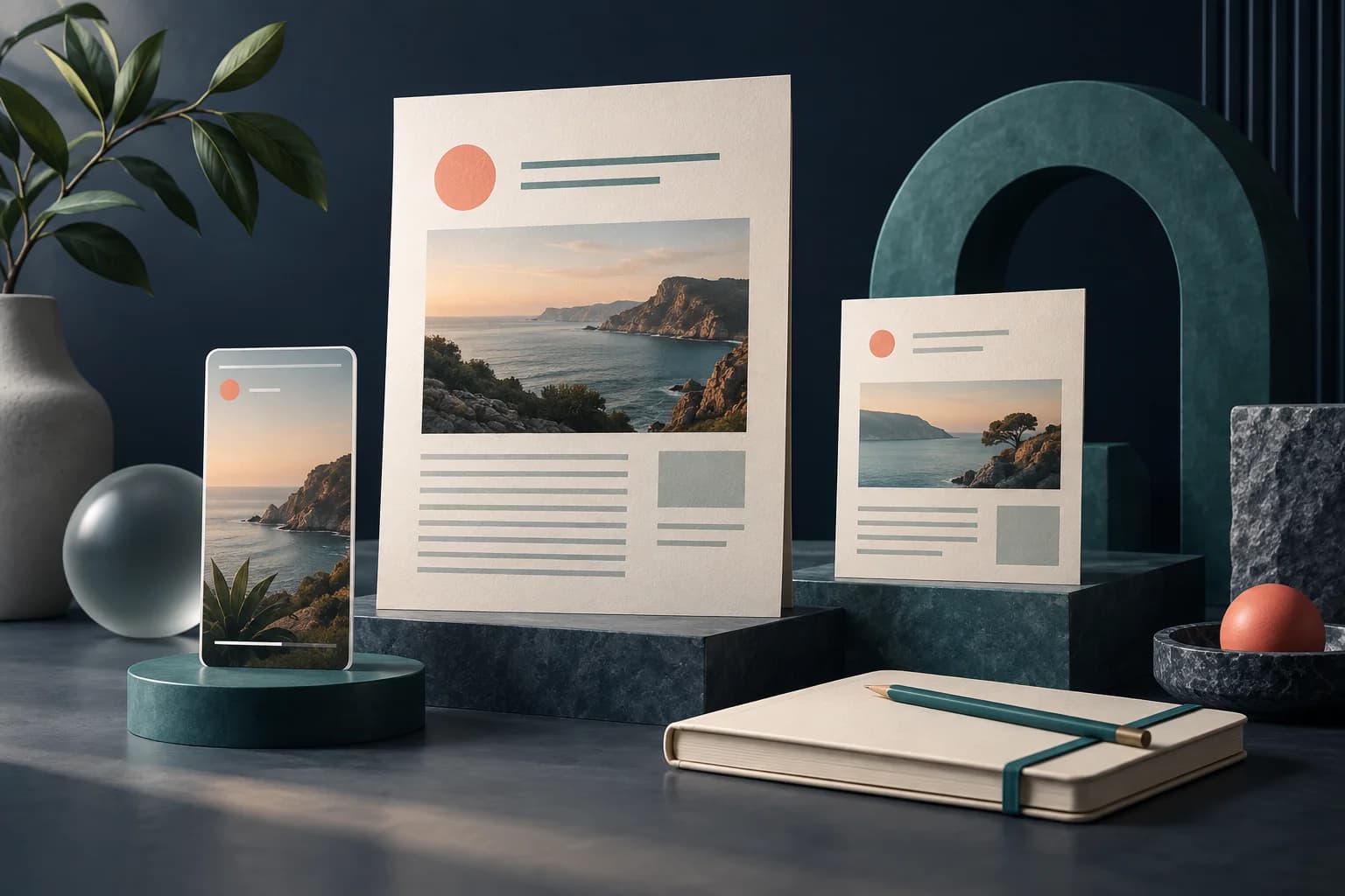 Editorial illustration of an article, newsletter and social content arranged on a studio desk