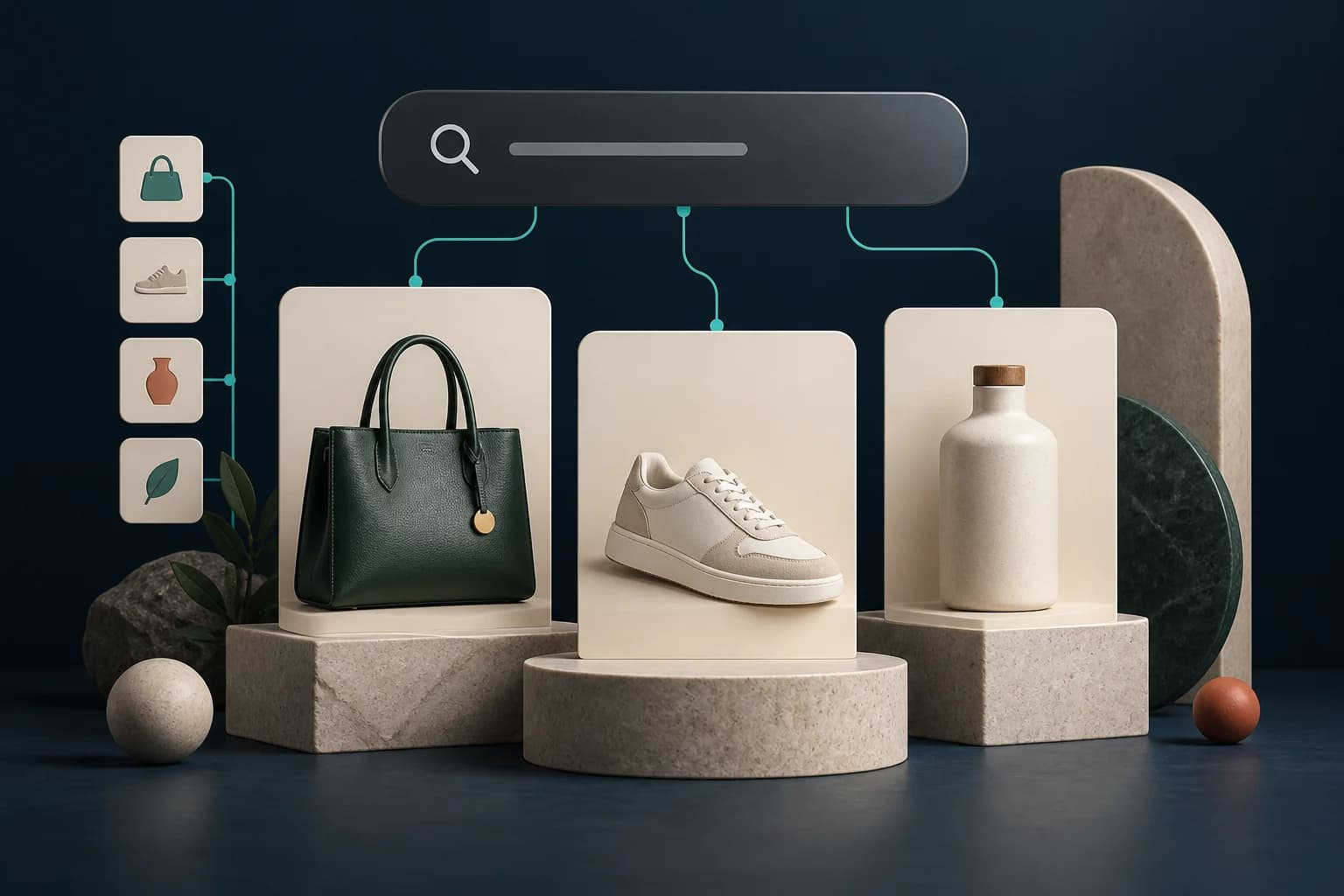 Concept illustration connecting a search bar and categories to product cards