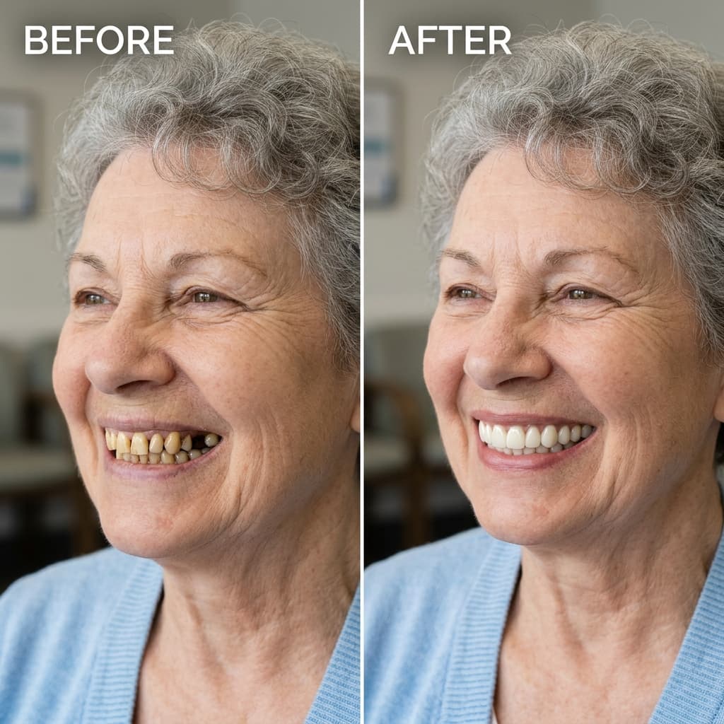 AI cosmetic restoration simulation for elderly female senior