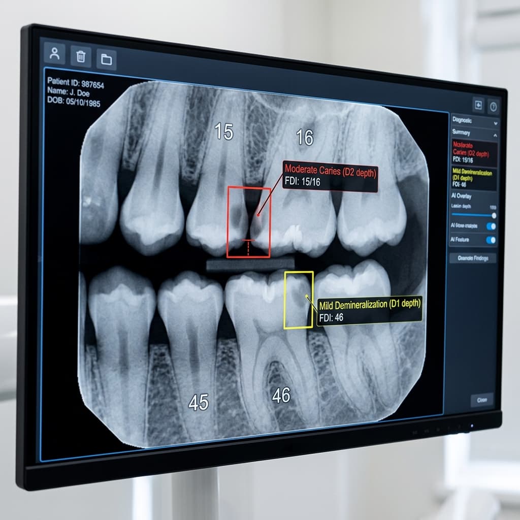 AI bitewing caries detection with depth indicators D1 and D2