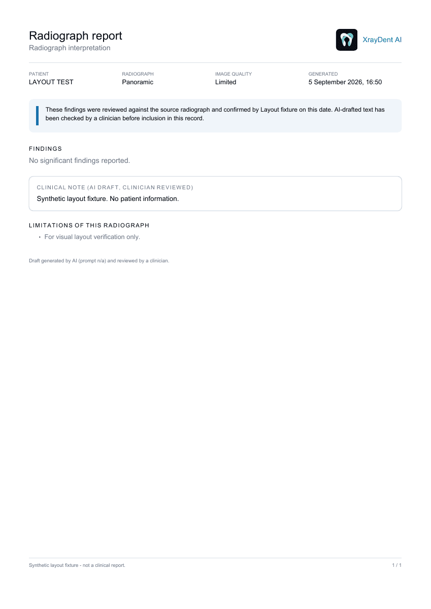 Example generated dental clinical note and exported PDF report