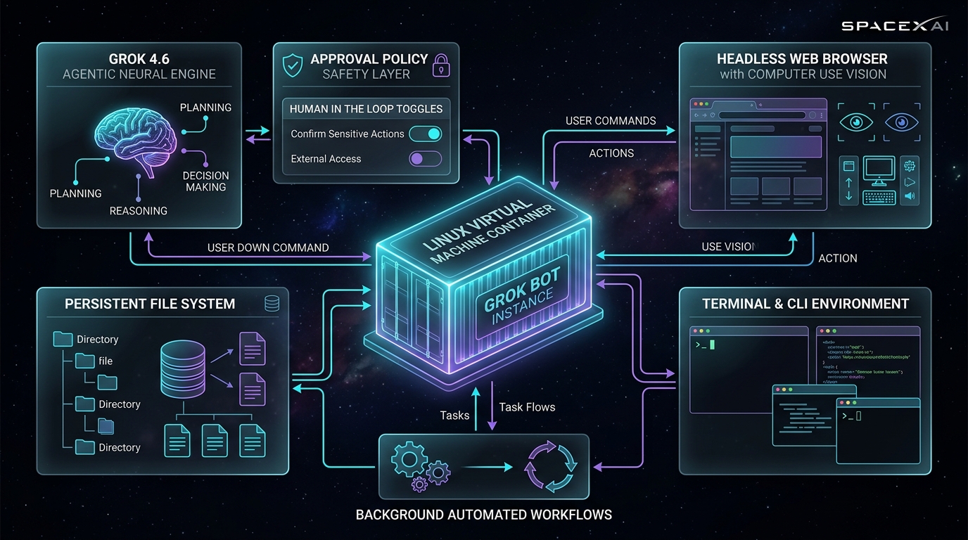 SpaceXAI Grok Bot Architecture: Persistent cloud Linux VM, headless browser, terminal, and approval policies